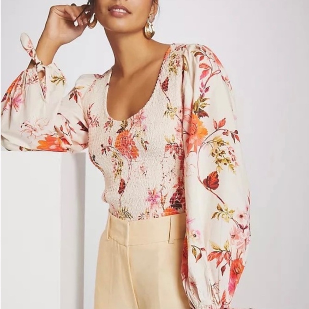 Anthropologie Maeve Floral Smocked Peplum Tank